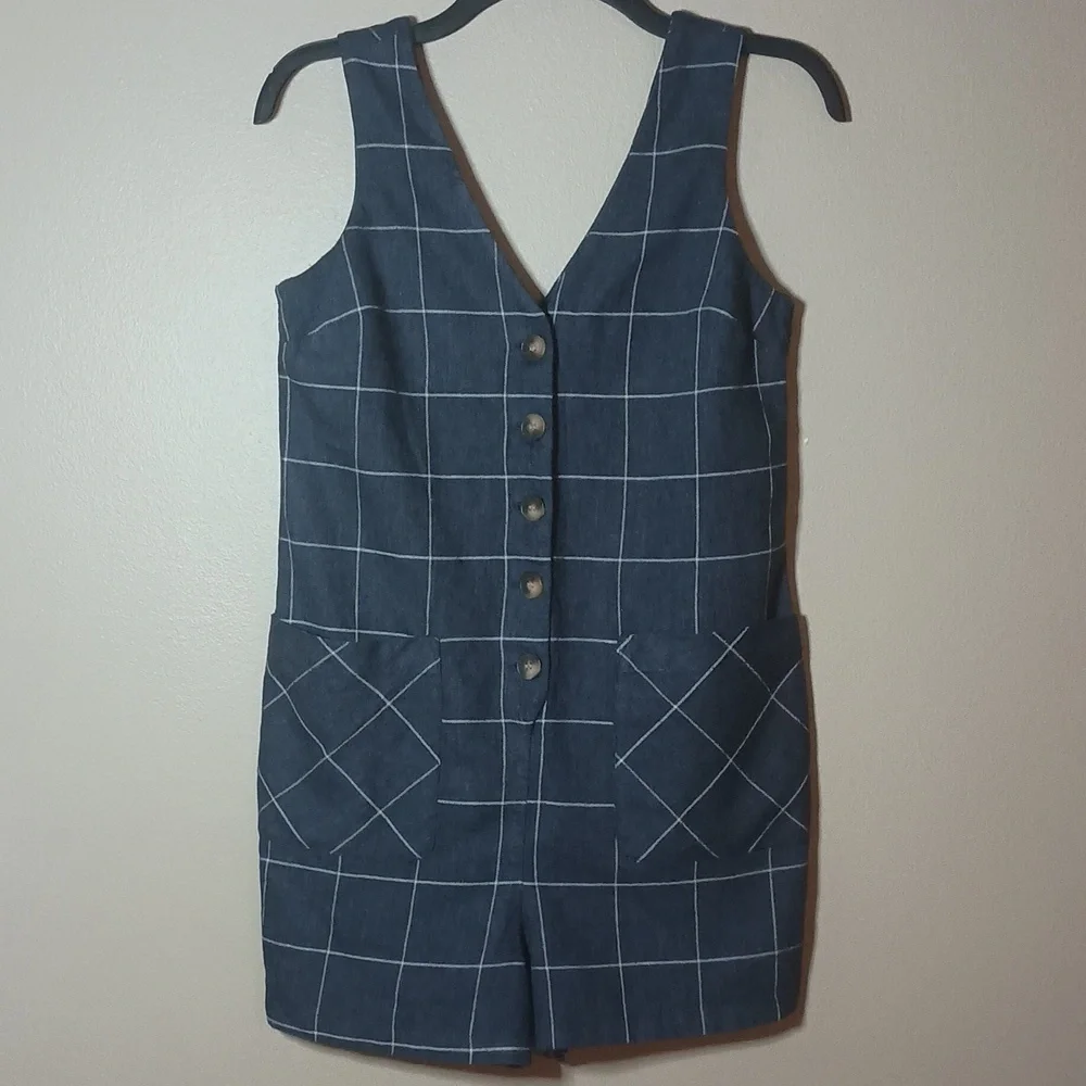 Topshop Romper Linen/Cotton Check Button